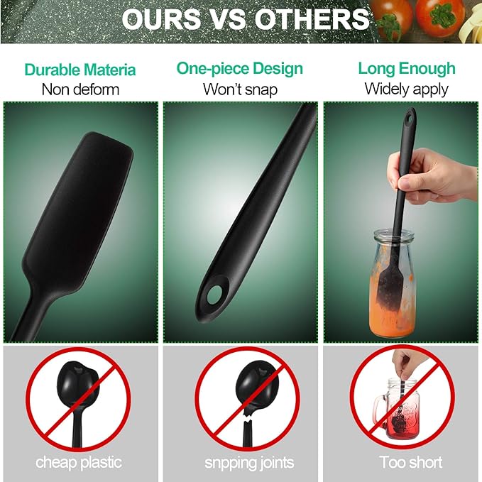 Patelai 2 Pieces Long Handle Small Rubber Spatula Mini Silicone Jar Spatula Non-stick Rubber Scraper 11 Inch Silicone Scraper for Jars, Smoothies, Blenders Cooking Baking Stirring Mixing Tools(Black)