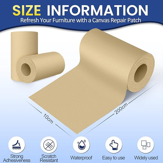 Self-Adhesive Canvas Repair Tape, 4" x 79" Waterproof Canvas Repair Patch, Fabric Patch Repairs Kit for Furniture, Tents, Sunbrellas, Boat Covers Awnings, Couches, Clothes, Bags Beige