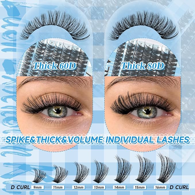 KEVKEV Lash Extension Kit 280Pcs Lash Clusters 60D+80D Eyelash Clusters Kit Individual Lashes With Lash Bond and Seal Lash Tweezers For DIY Lashes (10-18mm)