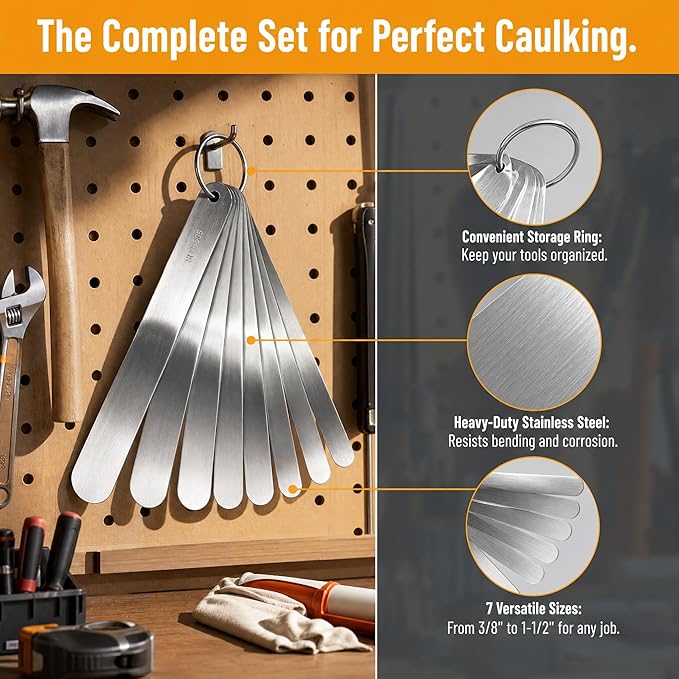 958-G01 7-Piece Caulking Spatula Tool Set, Stainless Steel Caulk Finishing Kit for Bathroom, Window, Door, Silicone Sealant Smoothing (3/8"-1-1/2")