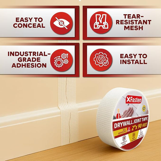 XFasten Drywall Tape Self Adhesive (3-Pack 270ft Total) Heavy-duty Fiberglass Drywall Mesh Tape for Dry Wall Repair, Joint Mesh Sealer, Patch Holes, and Sheetrock Seam Stress Cracks - 2-Inch x 90-Feet