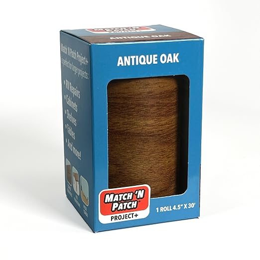 MATCH 'N PATCH Project+ Wood Grain Repair Tape - Antique Oak, 4.5 in x 30 ft (1-Pack) – Wood Grain Colored Duct Tape for Mirror Frame, Trim, Borders, Floor and Other Furniture, Scratch Repair Kit