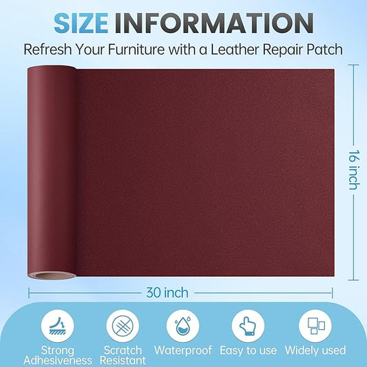 Leather Repair Patch Tape Kit, 16" x 30" Self Adhesive Leather Repair Patch for Furniture, Vinyl Leather Repair Kit for Car Seat, Chairs, Couch, Sofa, Boat Maroon