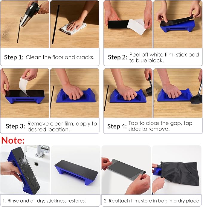 10PCS Floor Gap Fixer Tool Kit, Floor Repair Tools with Upgrade 60° Angle Nylon Block, Rubber Mallet & 6 Washable Adhesive Pads, Plank Grabber for Vinyl Laminate Hardwood Flooring Repair