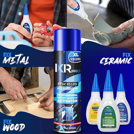 CA Glue with Activator Kit – 12 x 1.75 oz (Thin, Medium, Thick) + 4X 16.9 fl oz Accelerator Spray, Cyanoacrylate Super Glue for Woodworking, 3D Printing, Plastic, Guitar Repair & Hobby Projects