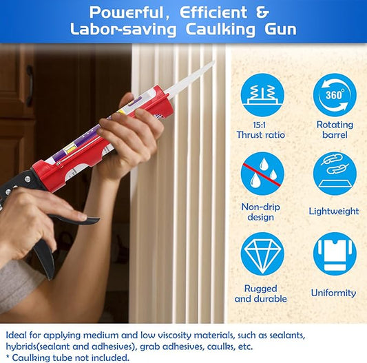 Drip-free Caulking Gun Ratchet Rod Caulk Gun Applicator 15:1 Thrust Ratio Labor-saving Lightweight Nylon Frame Cartridge Gun Fits 10oz/310ml Standard Caulk Tubes with Silicone Finishing Tools