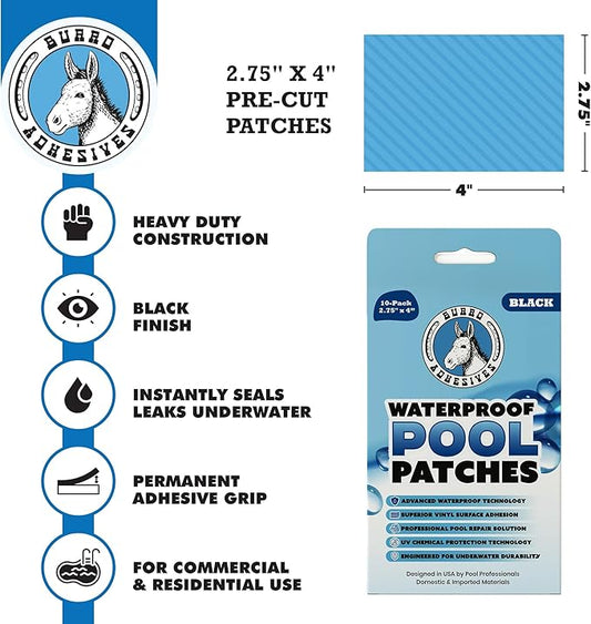 Burro Adhesives 10-Pack Waterproof Black Pool Patches - Professional Grade PVC Repair Kit with 2.75" x 4" Heavy Duty Patches for Commercial & Residential Vinyl Liner Pools, Works Underwater & Dry