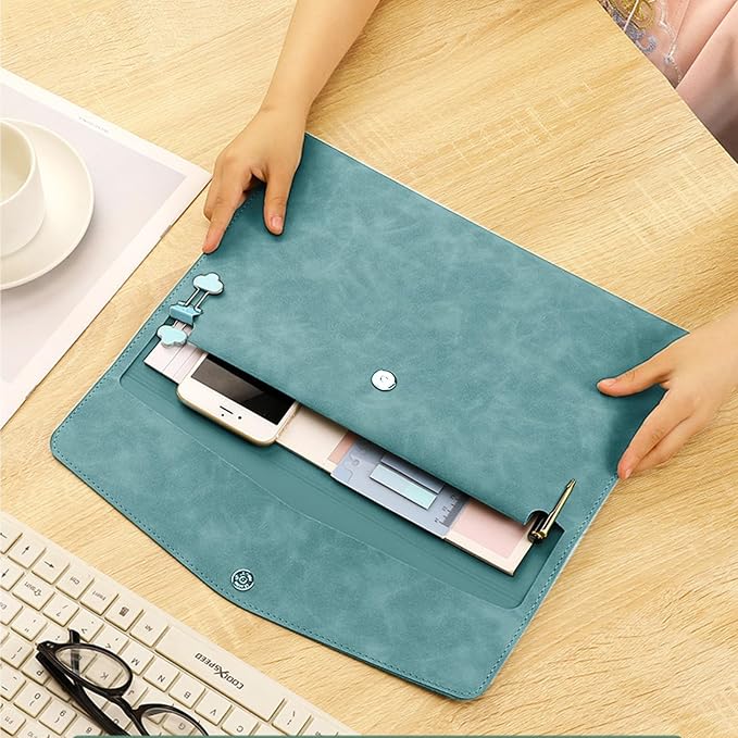 PU Leather Document File Folder,Thin A4 Folder Envelope File Organizer Storage Bag, Receipt Contract Case with Magnetic Closure (Blue)
