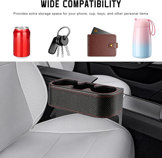 Car Cup Holder Gap Filler Organizer, Multifunctional Car Console Side Organizer with 2 Cup Holders, Leather Seat Gap Filler Portable Drink Holders Storage Box for Most Vehicles (Carbon Fiber)