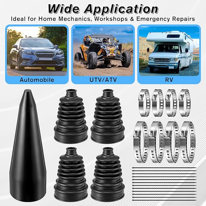 4 PCS Rubber CV Axle Boot Repair Kit with CV Boot Tool Cone Mounting, 8pcs Stainless Steel Clamps and 12pcs Cable ties for 2.32" 2.91" 3.35" Calibers, Waterproof Dustproof Protection for Protect Axle