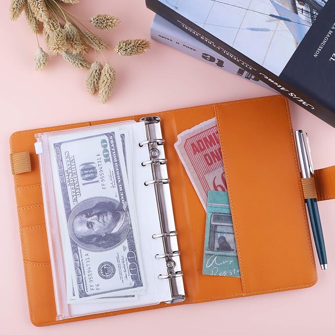 Antner A6 PU Leather Refillable 6 Ring Notebook Binder for A6 Filler Paper, Loose Leaf Personal Planner Binder Cover with Magnetic Buckle for Budget, Dark Yellow