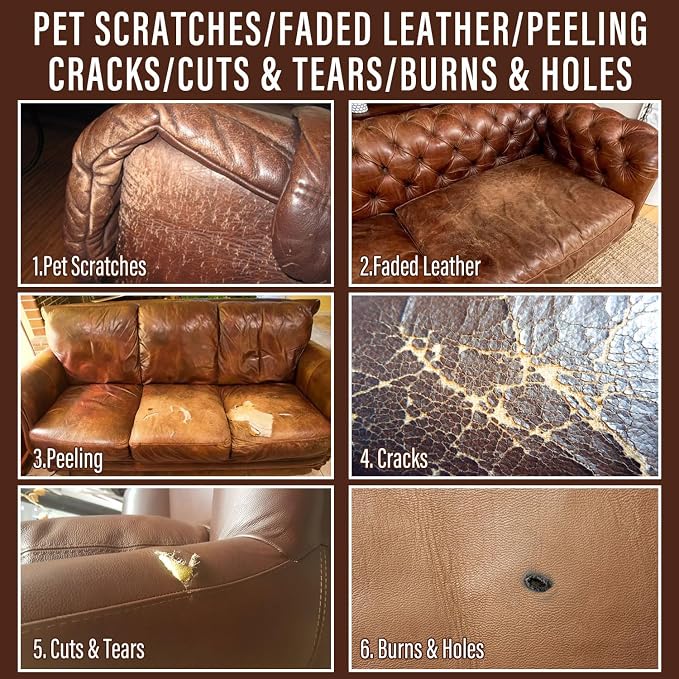 Leather & Vinyl Repair Kit for Couch, Furniture, Sofa, Chair, Car Seat | Brown Shades, No Skills Needed, for Cat Scratch, Tear, Crack, Hole on Faux Upholstery, Recliner, Purse, Shoes, Jacket, RV