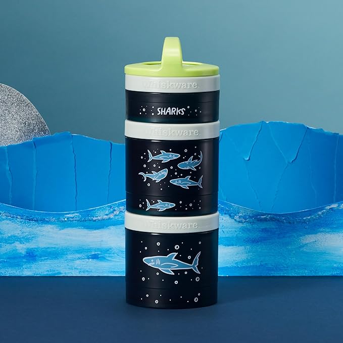 Whiskware Stackable Snack Containers for Kids and Toddlers, 3 Stackable Snack Cups for School or Travel, Sharks(Pack of 1)