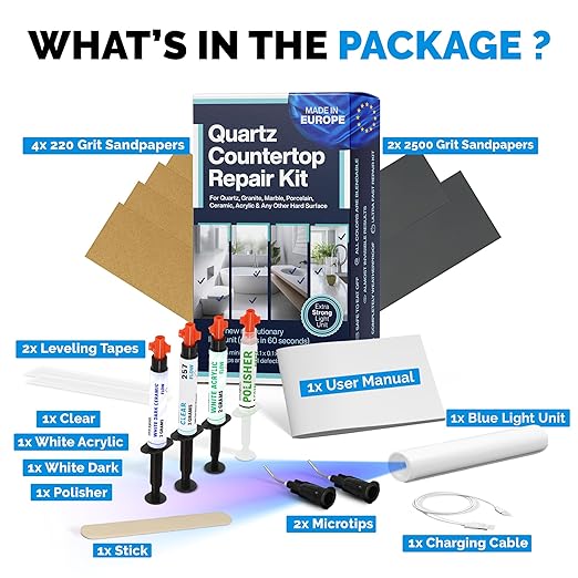 Quartz Countertop Repair Kit DIY (3 Colors + Polisher) - Made by Engineers I Also for Granite, Acrylic, Fiberglass, Porcelain, Tile & Ceramic Surfaces I Easy Process & Quick Results