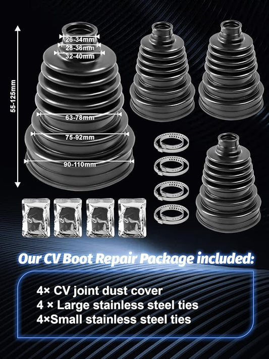 4PCS CV Boot, Silicone CV Axle Boot Repair Kit, fits 26mm-34mm Shaft, 125mm Height, Universal Tie Rod Boot for Most Vehicle, CV Joint Gaiter Boot Replacement Kit