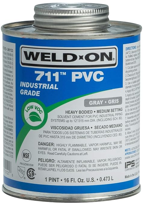 Weld-On 10121 711 Industrial Grade PVC Heavy-Bodied High Strength Solvent Cement - Medium-Setting and Low-VOC, Gray, 1 Pint (16 fl oz)