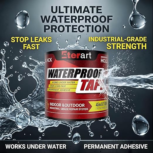 Waterproof Tape Black 4 Inch x 10 FT - Heavy Duty Rubberized Seal Repair for Active Leaks - Fix Roofs, Underwater Pool Liners & Pipes - All-Weather Emergency Patch Tool for Homeowners & Campers
