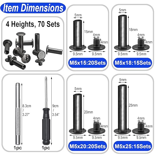 YORANYO 70Sets Chicago Screws Leather Rivets Assorted Screw Rivets Chicago Binding Screws for Decorate and Repair Leather Craft Belt Bag Shoes Purse Bookbinding (Black, M5*15,18,20,25)
