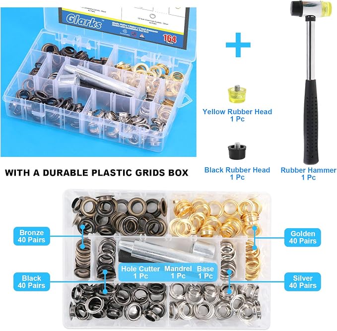 Glarks 164Pcs 1/2 Inch Grommets Eyelets with Tool Sets, 160Pcs 4 Colors Grommets Eyelets with 4Pcs Installation Tools for Fabric, Canvas, Curtain, Clothing, Leather Repair and Decoration