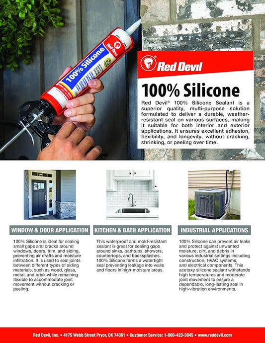 Red Devil 081612 100% Silicone Sealant Architectural Grade, White, 9.8 oz, Pack of 12