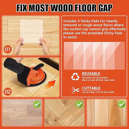 Floor Gap Fixer Tool 45°&90°Striking Surfaces Floor Gap Repair Tool Made of Iron & Enhanced Suction Cup with Slot Cutter and 5pcs Sticky Pads for Fixer Laminate/Vinyl Flooring Tools (Orange)