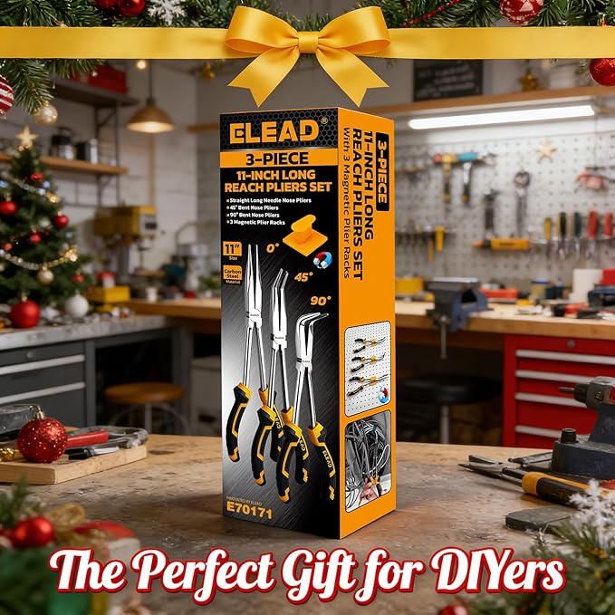 3-Piece 11 Inch Long Reach Pliers Set with 3 Magnetic Plier Racks, Extra Long Needle Nose Pliers Set Includes Straight, 45° & 90° Bent Nose Plier, Pliers Tool Set for Tight Spaces