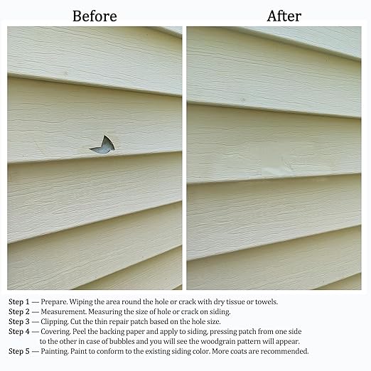 Vinyl Siding Repair Kit 12Pcs 6.3X4.75Inch Self-Adhesive Vinyl Siding Patch PVC Tape Cover Any Cracks Holes Blemishes on Vinyls Sidings Fence Tools Home Skirting