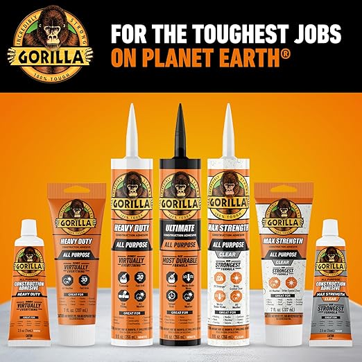 Gorilla Max Strength Clear Construction Adhesive, 9 Ounce Cartridge, Clear, (Pack of 6)