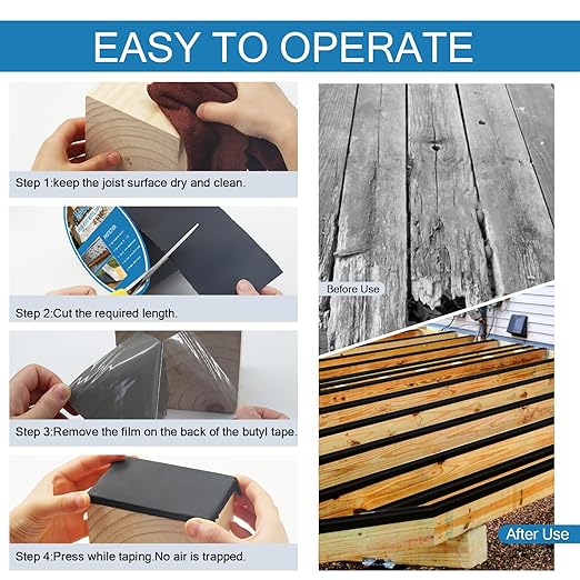 Butyl Adhesive Tape 3''x50', 4 Pack Deck Joist Tape for Decking Protection, Waterproof Joist Tape- Ideal for Wood & Metal, Outdoor Construction Use