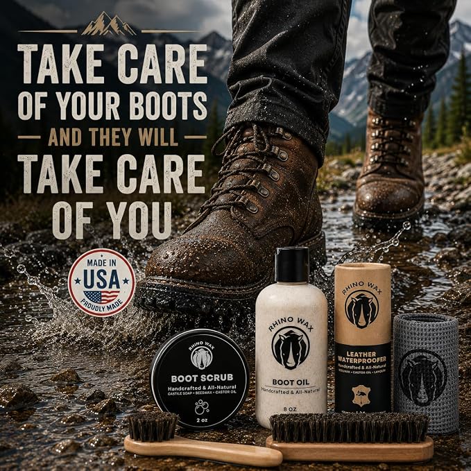 Leather Boot Care Kit - Made in USA (Not China) - Boot Oil, Waterproofer, Cleaning Scrub for Boots (Like Saddle Soap), Brushes and Cloth - Do NOT use Mink Oil (Love Animals) - All Natural Ingredients