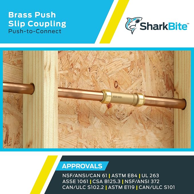 SharkBite 1/2 Inch Slip Coupling, Pack of 3, Push to Connect Brass Plumbing Fitting, PEX Pipe, Copper, CPVC, PE-RT, HDPE, U3008LF