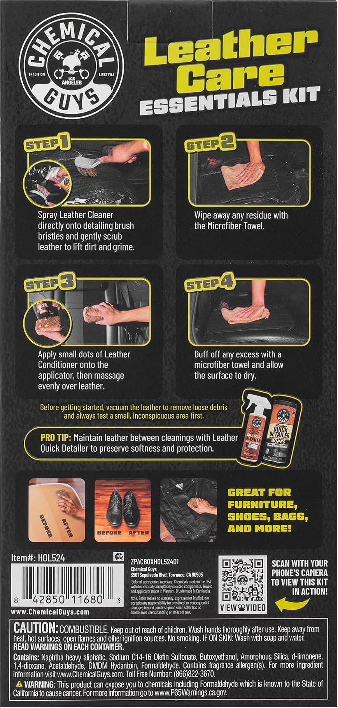 Chemical Guys Leather Care Kit, Cleaner and Conditioner for Car Seats | Complete 6-piece leather cleaning and conditioning kit for car seats, furniture, shoes and bags; genuine or vegan leather
