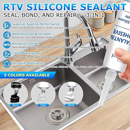 White Silicone Sealant & Adhesive RTV 100% Silicone Caulk Waterproof for Kitchen, Bathroom, Windows & Car High Strength Adhesive All-Purpose Shrink & Crack Proof Caulking - 1.8oz/50g
