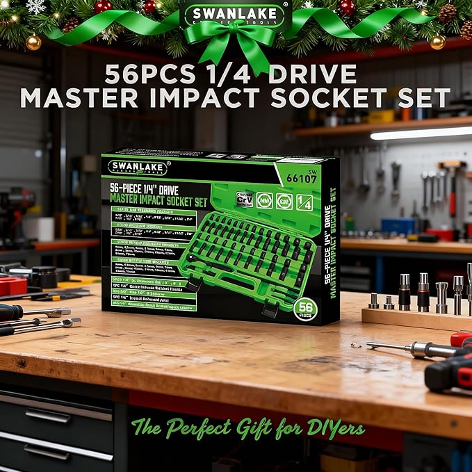 SWANLAKE 1/4" Drive Impact Socket Set, 56-Piece Standard SAE (5/32 to 9/16 inch) and Metric (4-15mm) Size, 6 Point, Cr-V, 1/4-Inch Drive Ratchet Handle, Drive Extension Bar, Impact Universal Joint