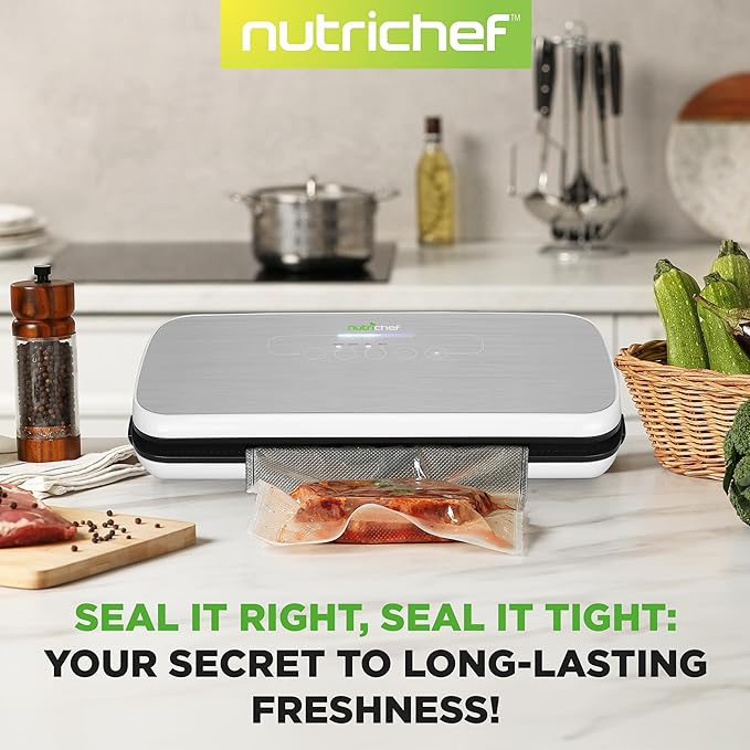 NutriChef Automatic Food Vacuum Sealer, Electric Air Sealing Preserver System for Dry and Moist Foods, LED Control, Strong Suction, Includes Bags, Wine Stopper Cork, and Air Suction Hose, 14"x6"x3"