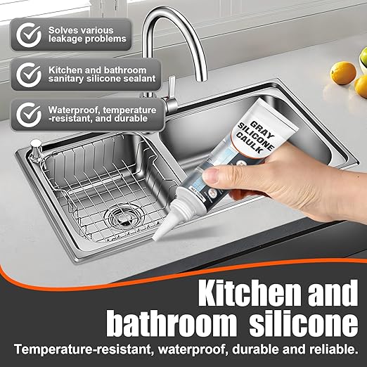 Gray Silicone Caulk, Waterproof Silicone Sealant, Weather Resistant & Flexible for Kitchen and Bath, Shower, Tub, Window, Shrink & Crack Proof Indoor & Outdoor Use Caulk, 150g