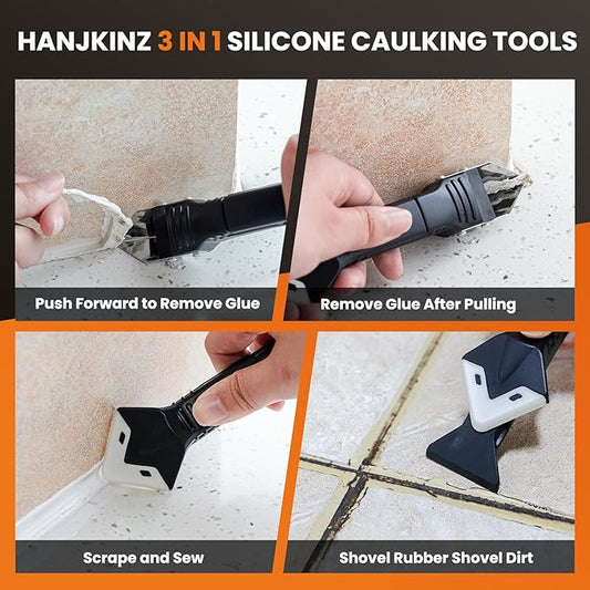 3 in 1 Silicone Caulking Tools(Stainless Steelhead), 12pack, Caulk Remover Tool Kit with Replace Silicone Padsgood Pads and Caulk Finishing Tools, Caulking Tool Kit for Kitchen, Bathroom