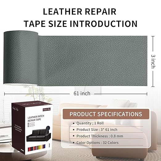 Leather Repair Patch Tape, Grey 3 x 61 Inches Self Adhesive Leather Repair Kit for Furniture, Car Seat,Vinyl Leather Repair Kit for Office Chairs, Couch, Sofa, Luggage