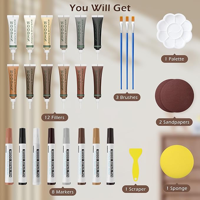 Oriflame Wood Furniture Repair Kit: 12-Color Filler and 8-Color Markers - Wood Touch Up for Scratches/Cracks/Holes/Stains in Floors/Table/Cabinets(Hardwood/Laminate)