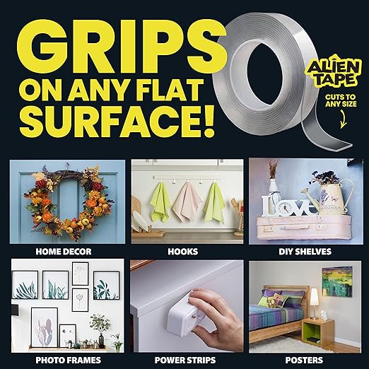 ALIEN TAPE Nano Double Sided Tape, 21-ft Multipurpose Removable Adhesive Transparent, Grip Mounting Washable Strong Sticky Heavy Duty for Carpet Photo Frame Poster Décor - As Seen On TV