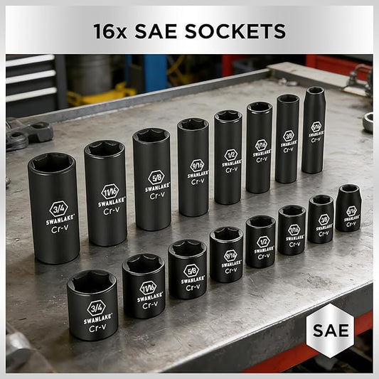 SWANLAKE 3/8'' Drive Impact Socket Set, 50-Piece Standard SAE (5/16 to 3/4 inch) and Metric (8-22mm) Size, 6 Point, Cr-V, 3/8-Inch Ratchet Handle, Extension Bar, Universal Joint