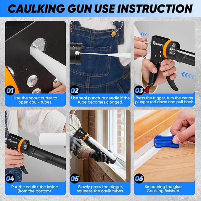 Saker Manual Caulk Gun Kit, Caulking Gun with 11-in-1 Caulking Tool Set, Sealant Finishing Tools and Grout Scrapers for Bathroom, Kitchen and Home Repair