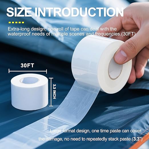 TIANLDD Waterproof Repair Tape for Fabric,RV Awning,Boat Covers,Tents,Tarp,Heavy Duty Outdoor Repair Patch - 3.3IN x 30FT(Transparent)