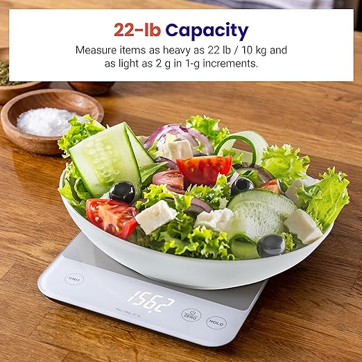 Etekcity Food Kitchen Scale, 22lb Digital Weight Scale Grams and Ounces Rechargeable Waterproof Tool for Weight Loss, Cooking, Baking, Meat, Bread, Large 0.05oz/1g Accuracy
