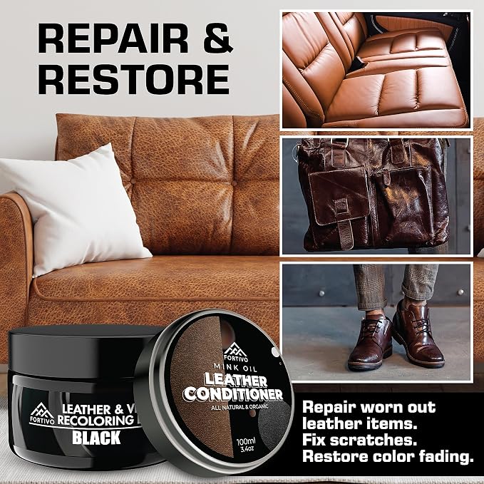 FORTIVO Leather Recoloring Balm with Mink Oil, Couch Repair Kit, Leather Dye and Restorer for Furniture - Black