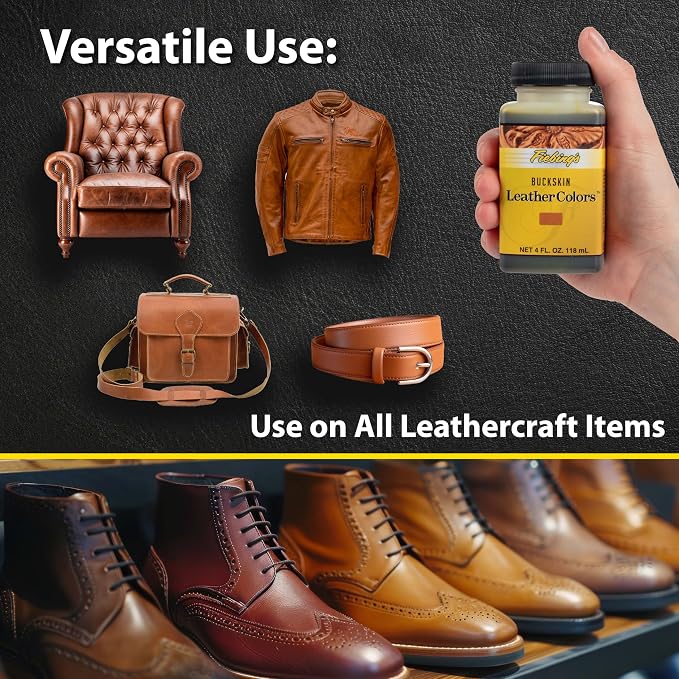 Fiebing's LeatherColors (4 Fl Oz, Buckskin) - Leather Dye for Natural Leather - Water-Based, Non-Flammable Formula - Permanent & Penetrating Color for Shoes, Boots, Furniture - Safe for Institutions