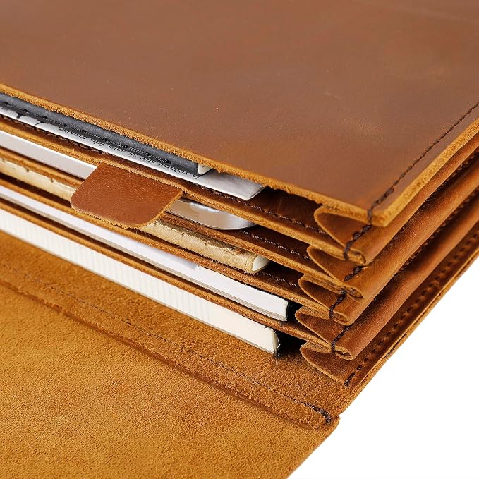 Genuine Leather File Folder, Accordian File Organizer, Leather Document Holder Resume Folio for Men & Women-Brown-Custom