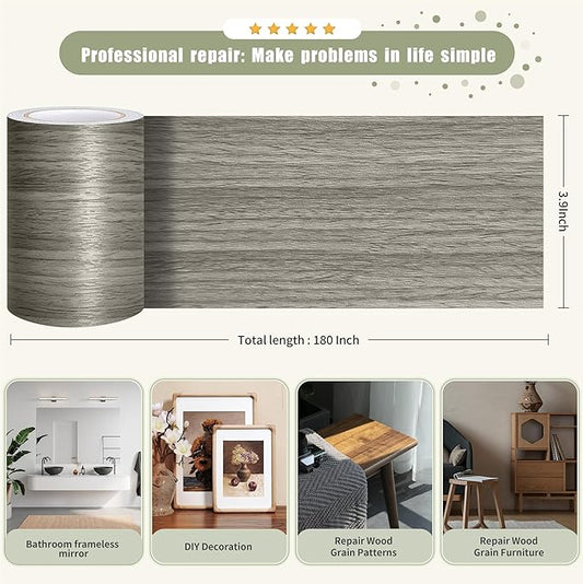 Besezx Wood Grain Tape, 3.9" X15', Self Adhesive Wood Grain Repair Patch for Tables, Chairs, DIY,Baseboards, Doors, Windows, Floors and Furniture Renovation.(Gray)