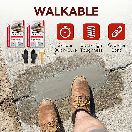 Concrete Crack Filler 4-Pack 4.4LB Grey, Self-Leveling High Elasticity Cement Sealant, Waterproof Repair Caulk for Driveway, Patio, Sidewalk, Garage, Basement– Professional-Grade Durability