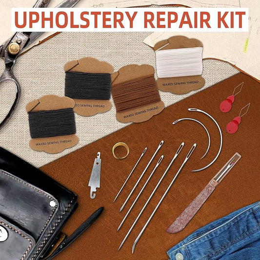 Upholstery Repair Kit: Extra Strong Waxed Sewing Thread 4 Rolls (3 Colors) &Heavy Duty Household Hand Needles (7 PCS) for Leather, Canvas, Bookbinding & Quilting Thread